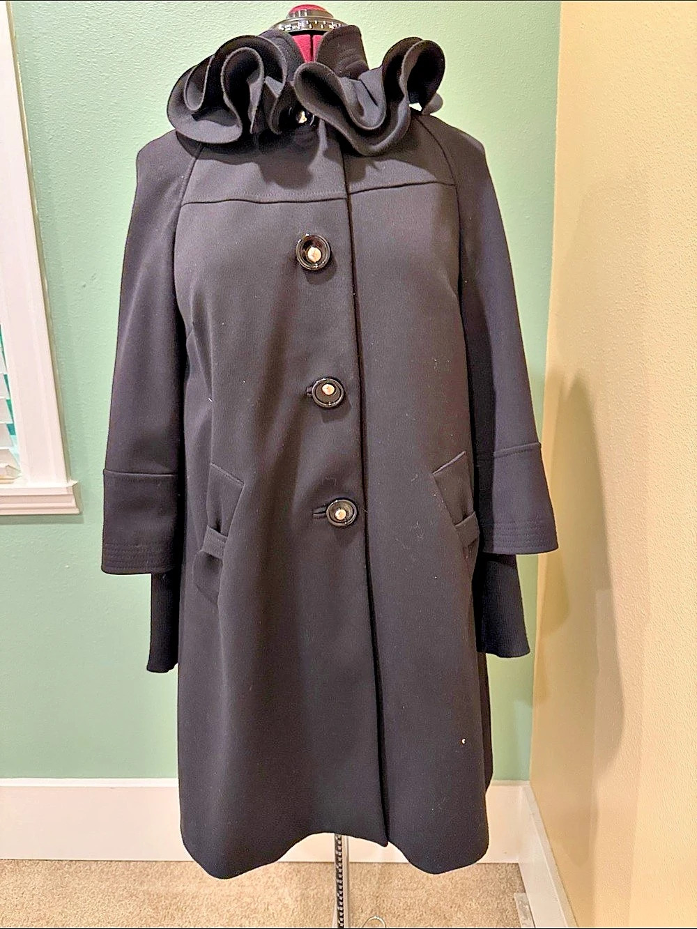 M&S Per Una Speciale Black Ruffle Collar Coat Made in Italy
